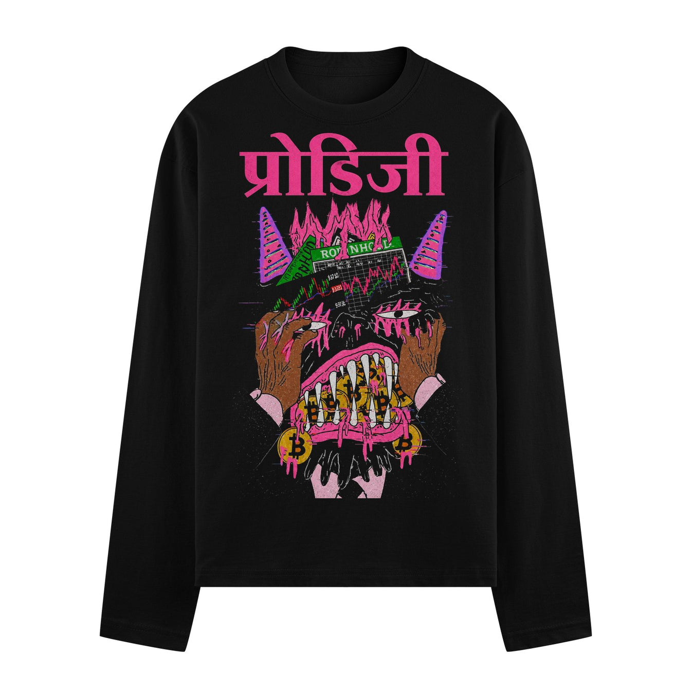A black t-shirt features a pink and green illustrated monster with dripping fangs bitcoin symbols and a stock chart backgr...
