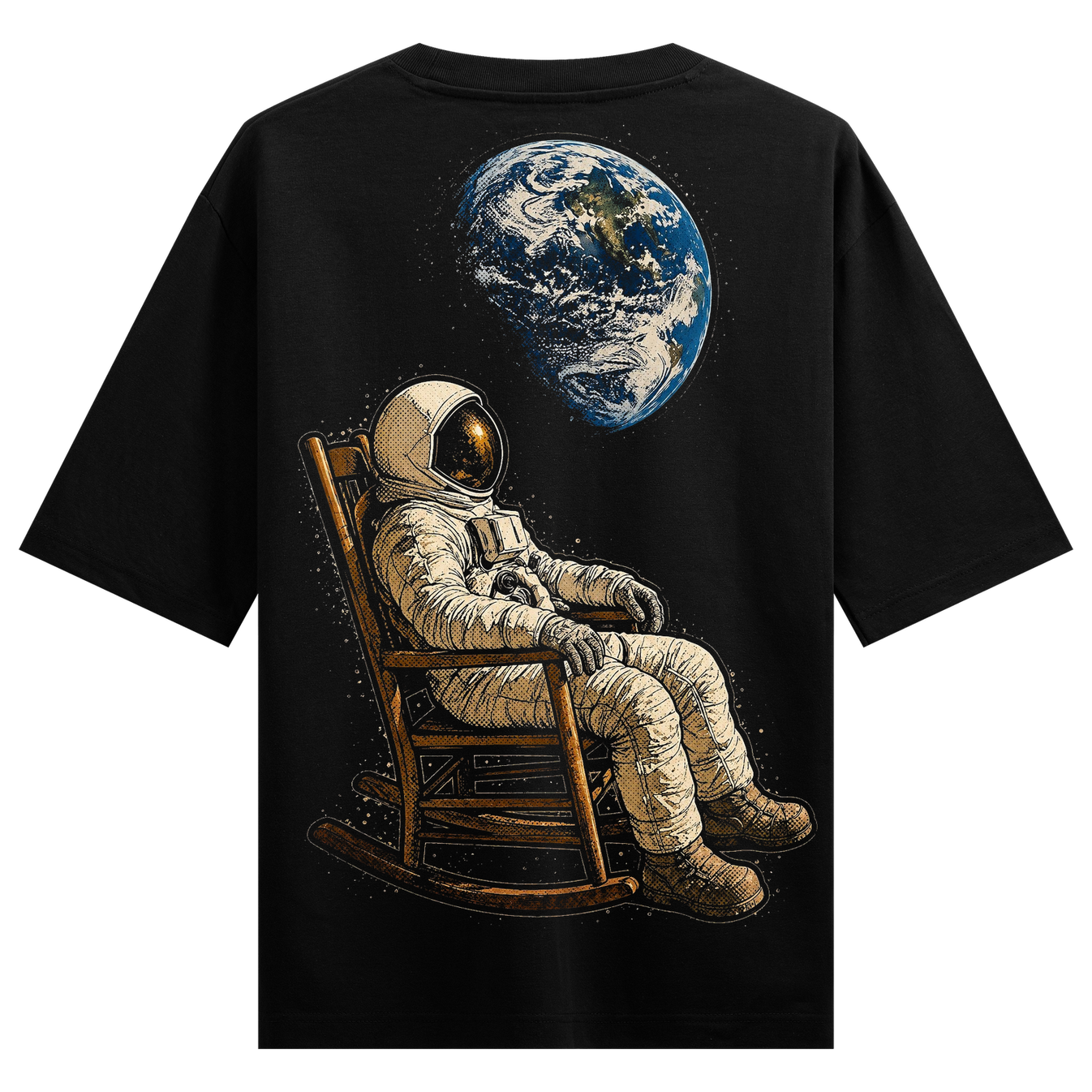 Cosmic Contemplation T-Shirt by PRDGY — astronaut on rocking chair gazing at Earth, cosmic design