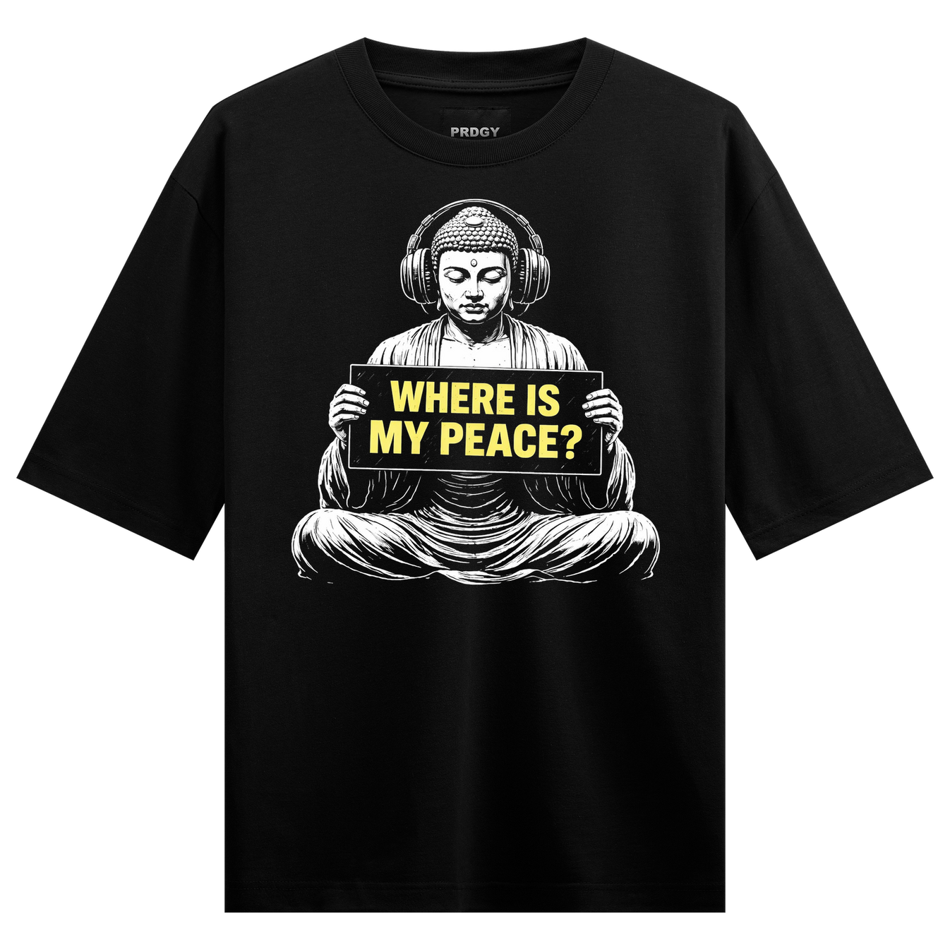 Buddha Serenity Oversized T-Shirt by PRDGY — Meditation Buddha graphic with bold yellow typography, spiritual design