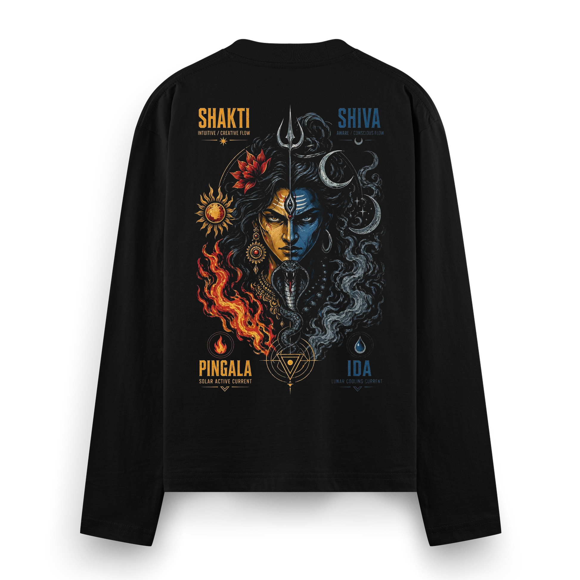 Shakti Shiva Duality Full Sleeve T-Shirt by PRDGY — bold graphic of Shiva and Shakti in harmony, spiritual design