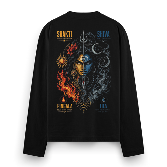 Shakti Shiva Duality Full Sleeve T-Shirt by PRDGY — bold graphic of Shiva and Shakti in harmony, spiritual design