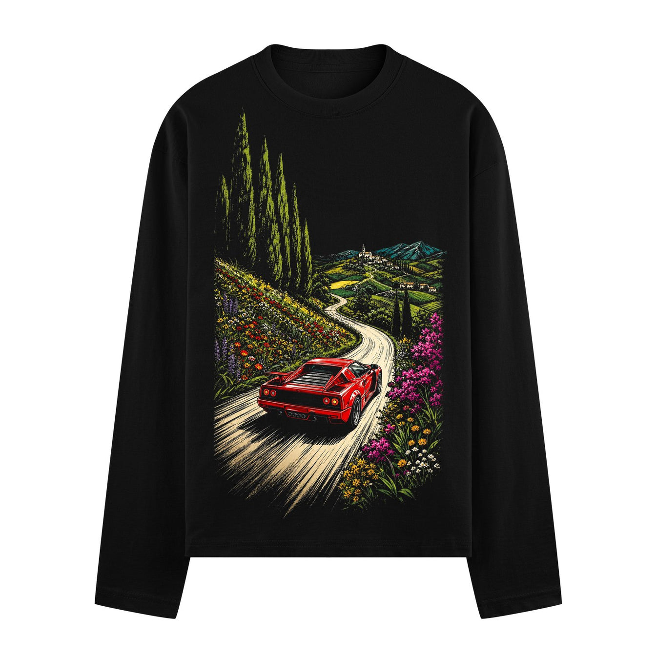 A red sports car speeds down a white winding road lined with colorful flowers and tall cypress trees leading to rolling gr...