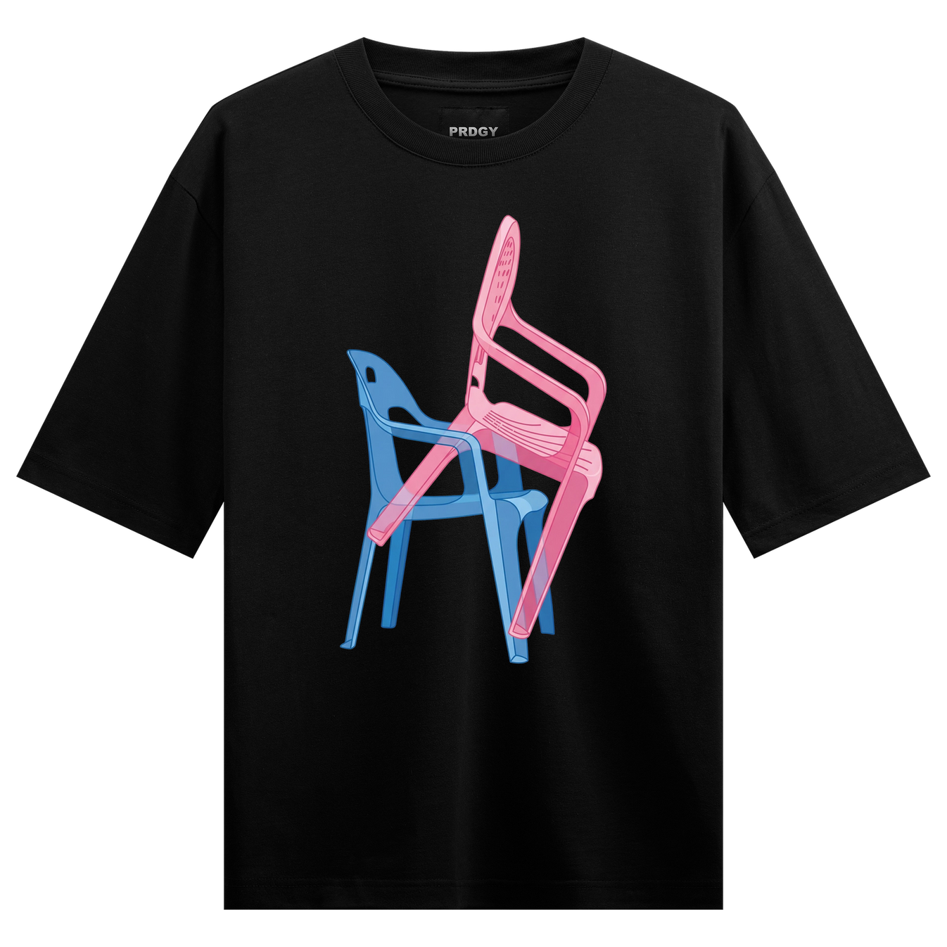 Seated Duality Oversized T-Shirt by PRDGY — vibrant pink and blue chairs in pop art style, streetwear design