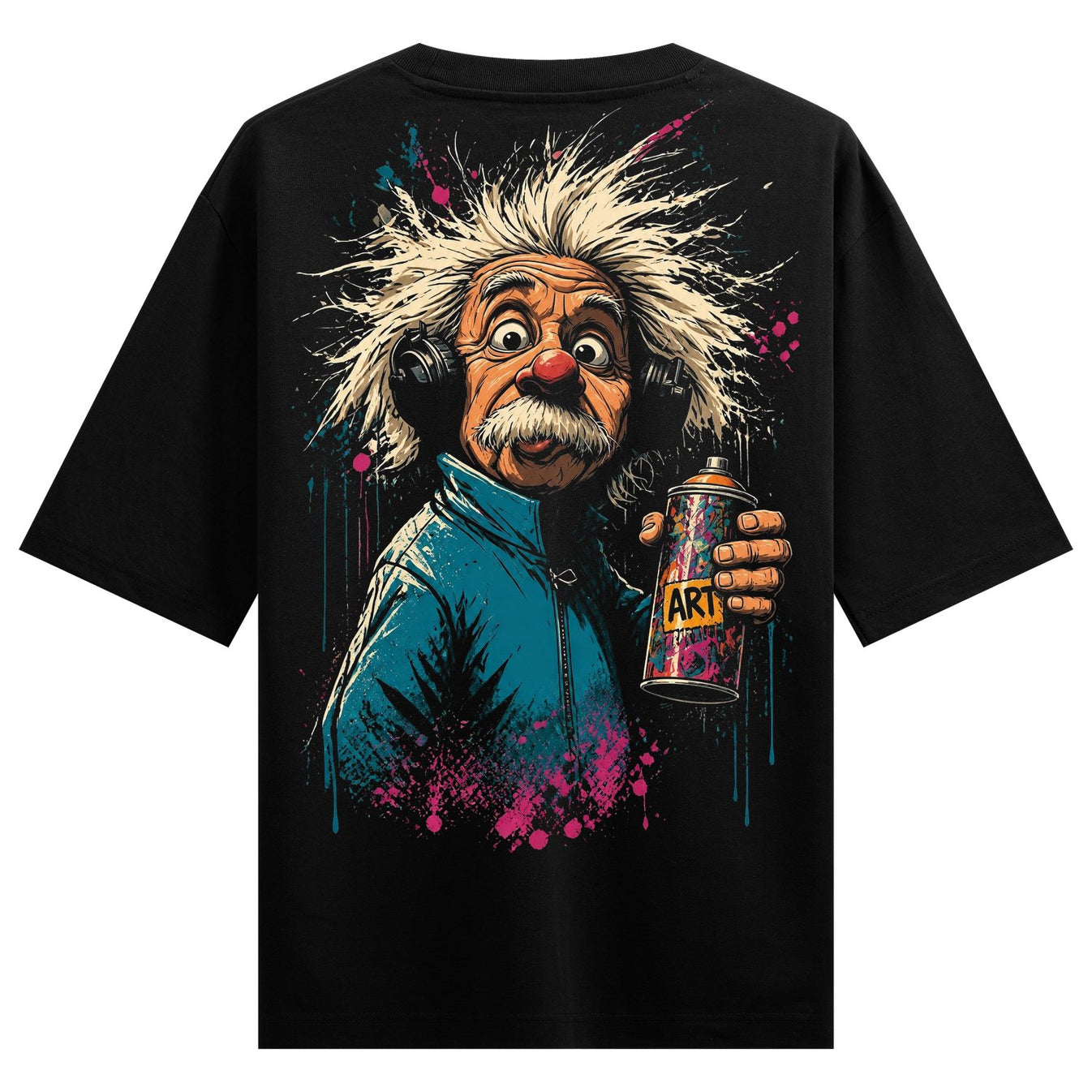 A cartoon Albert Einstein with disheveled white hair headphones and a red nose holds a spray can with ART visible against...