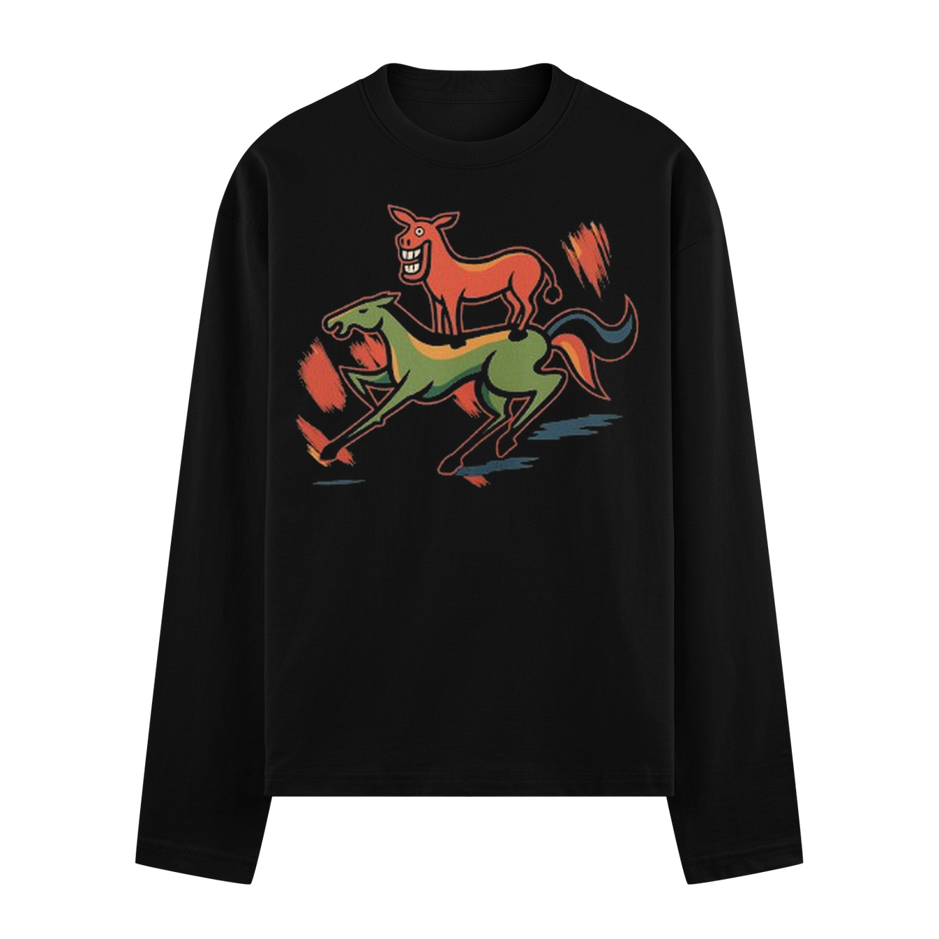 Majnu Art Full Sleeve T-Shirt by PRDGY — cartoon donkey on a running horse with abstract strokes, humor design