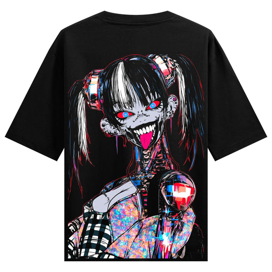 Glitch Girl Oversized T-Shirt — a glitched anime girl with red eyes, cyber mask, and plaid shirt on black background