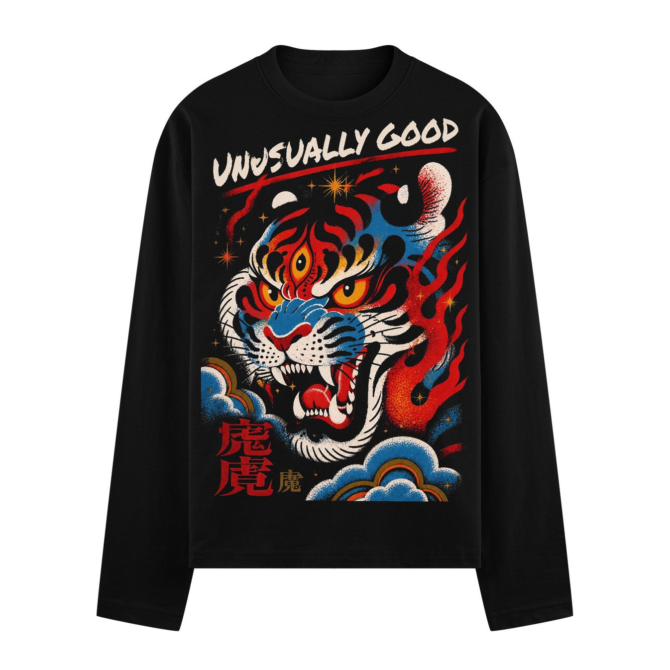 A black t-shirt back print features a stylized tiger face with red eyes and blue accents surrounded by red and orange flam...