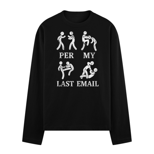 Four white stick figures in fighting poses on a black tee with bold white text reading PER MY LAST EMAIL on PRDGY oversize...