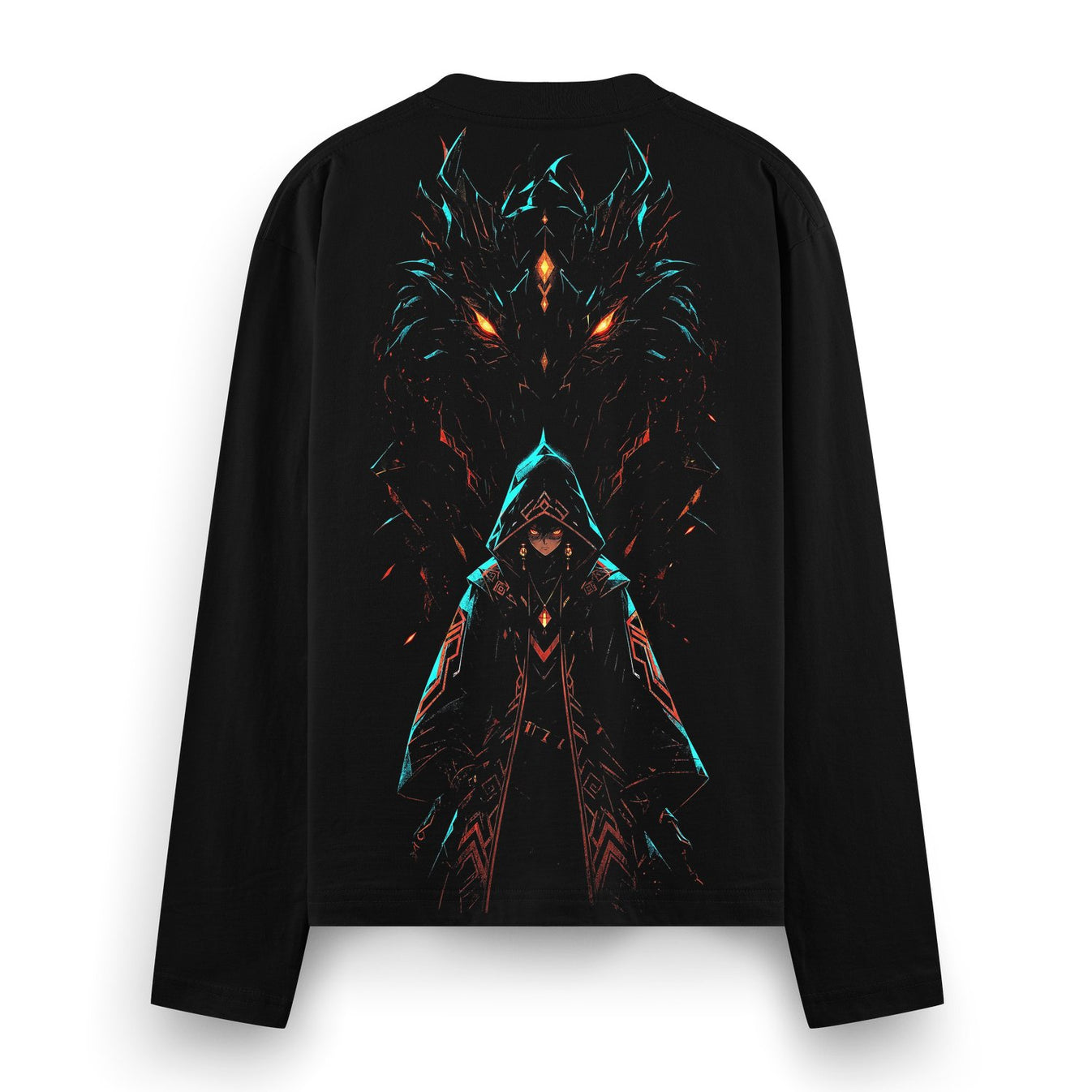 A black full sleeve t-shirt features a back print of a hooded figure in front of a large dragon silhouette with glowing or...