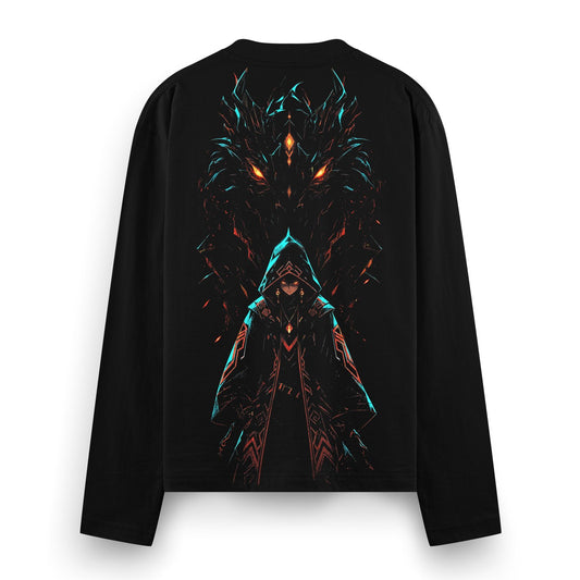 A black full sleeve t-shirt features a back print of a hooded figure in front of a large dragon silhouette with glowing or...