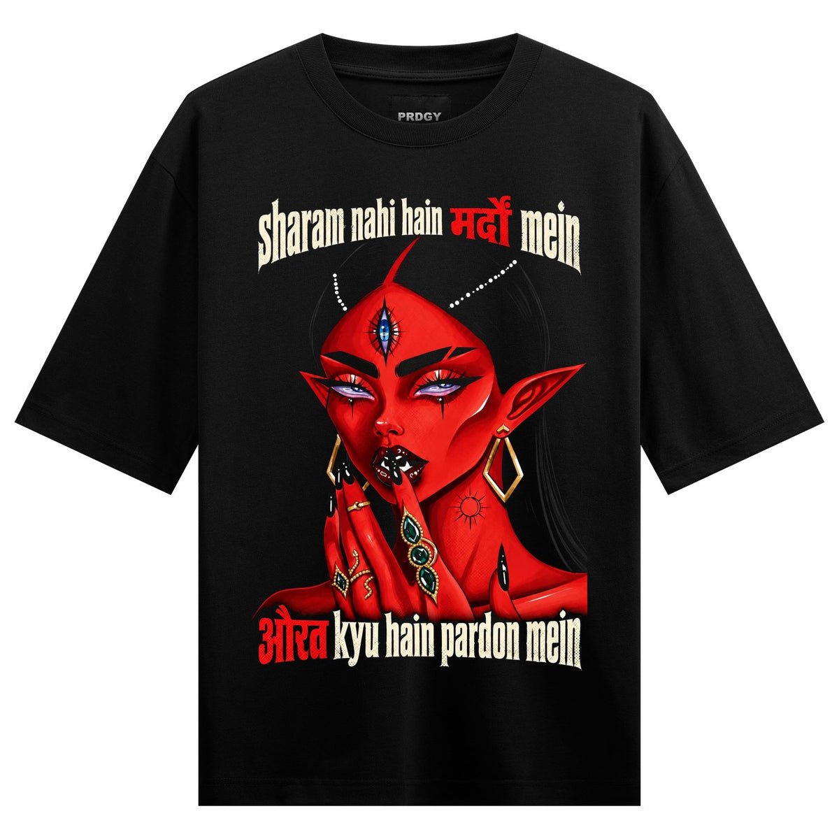 Aurat Against All Oversized T-Shirt by PRDGY — vibrant red-skinned figure with a third eye, adorned with gold earrings and a