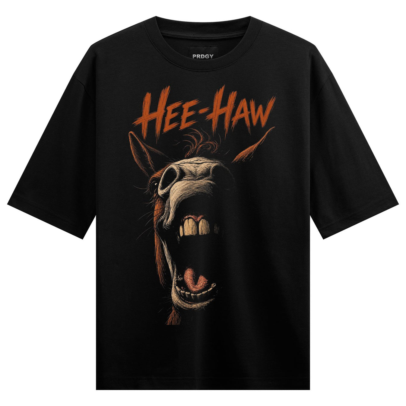 A black t-shirt features a detailed illustration of a donkey s head with its mouth wide open showing teeth and tongue with...