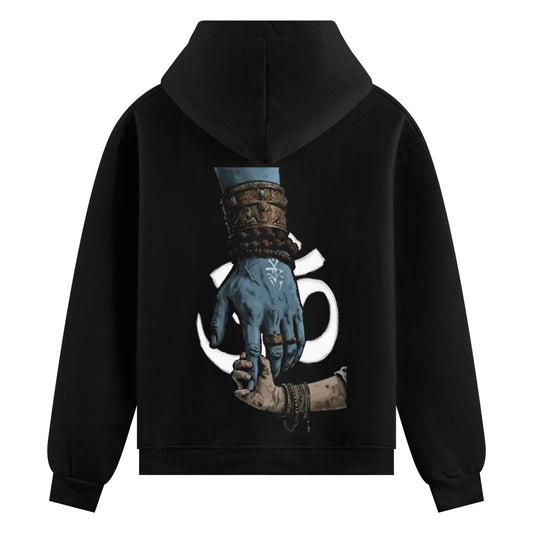 Hold the Divine Oversized Hoodie — a detailed blue hand with ornate bracelets and rings gently grasps a smaller hand