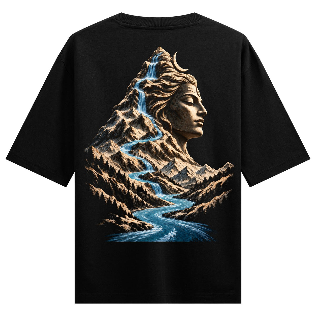 shiv hai kailash ke Oversized T-Shirt — a serene deity face carved into a mountain with a blue waterfall flowing down