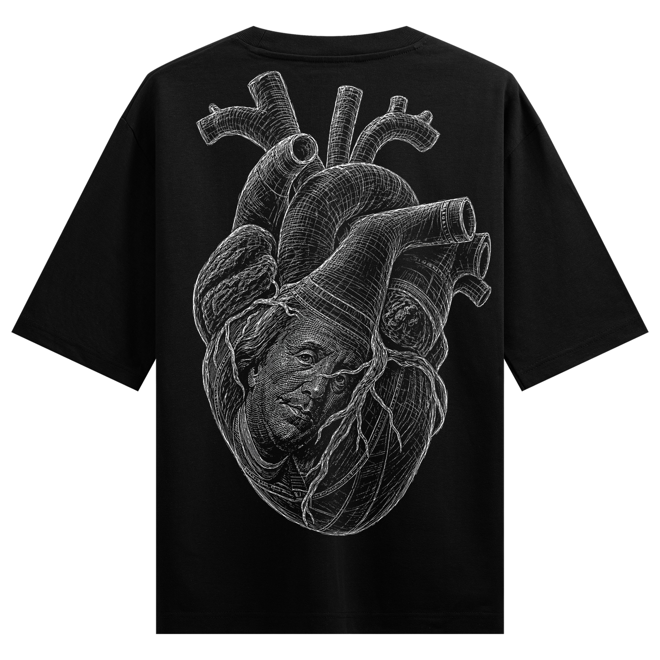 Anatomical Heart T-Shirt by PRDGY — detailed illustration of an anatomical heart with intricate line work, dark aesthetic