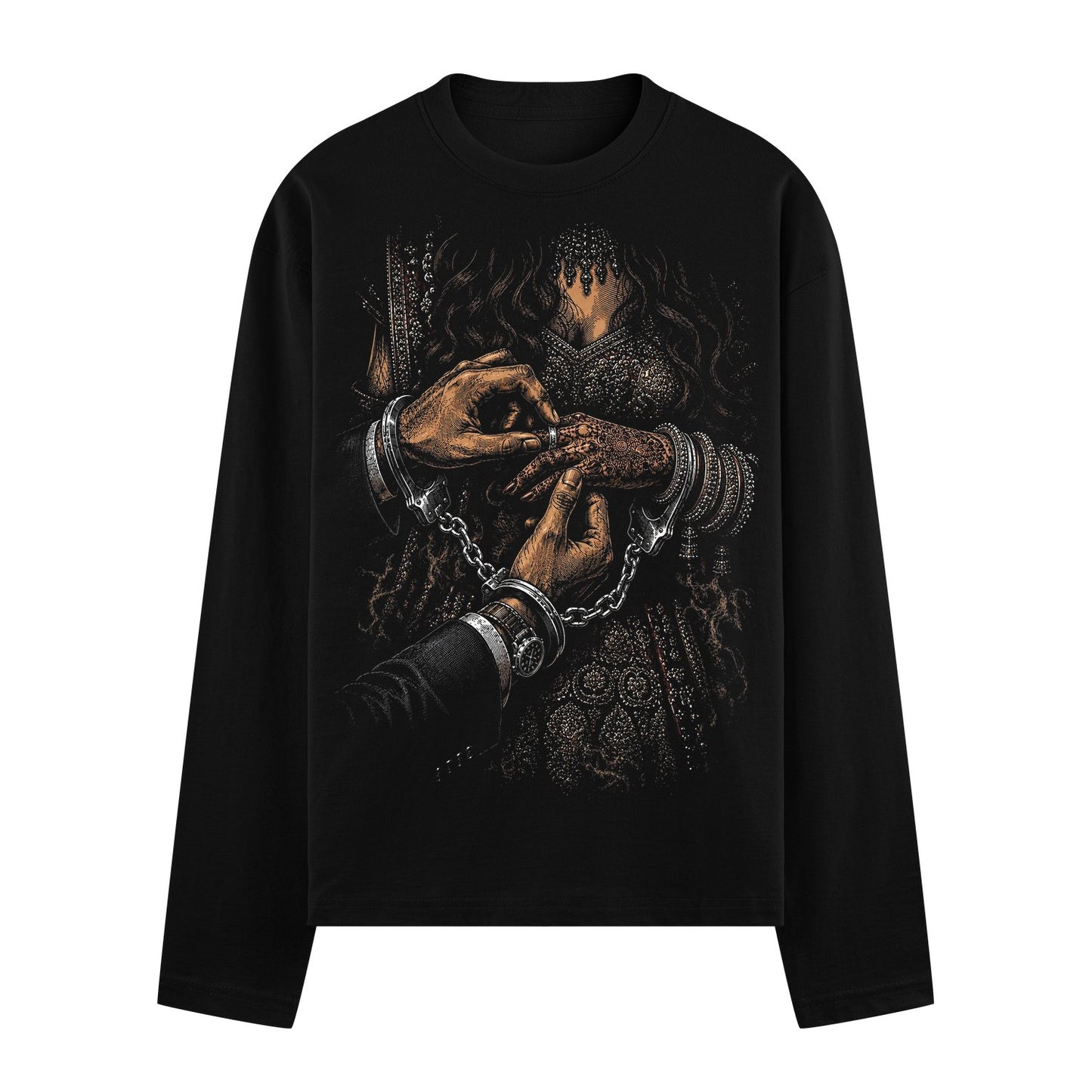 Chained Vows Oversized T-Shirt by PRDGY — Hands in handcuffs exchanging a ring, spiritual design.