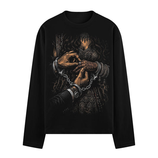 Chained Vows Oversized T-Shirt by PRDGY — Hands in handcuffs exchanging a ring, spiritual design.