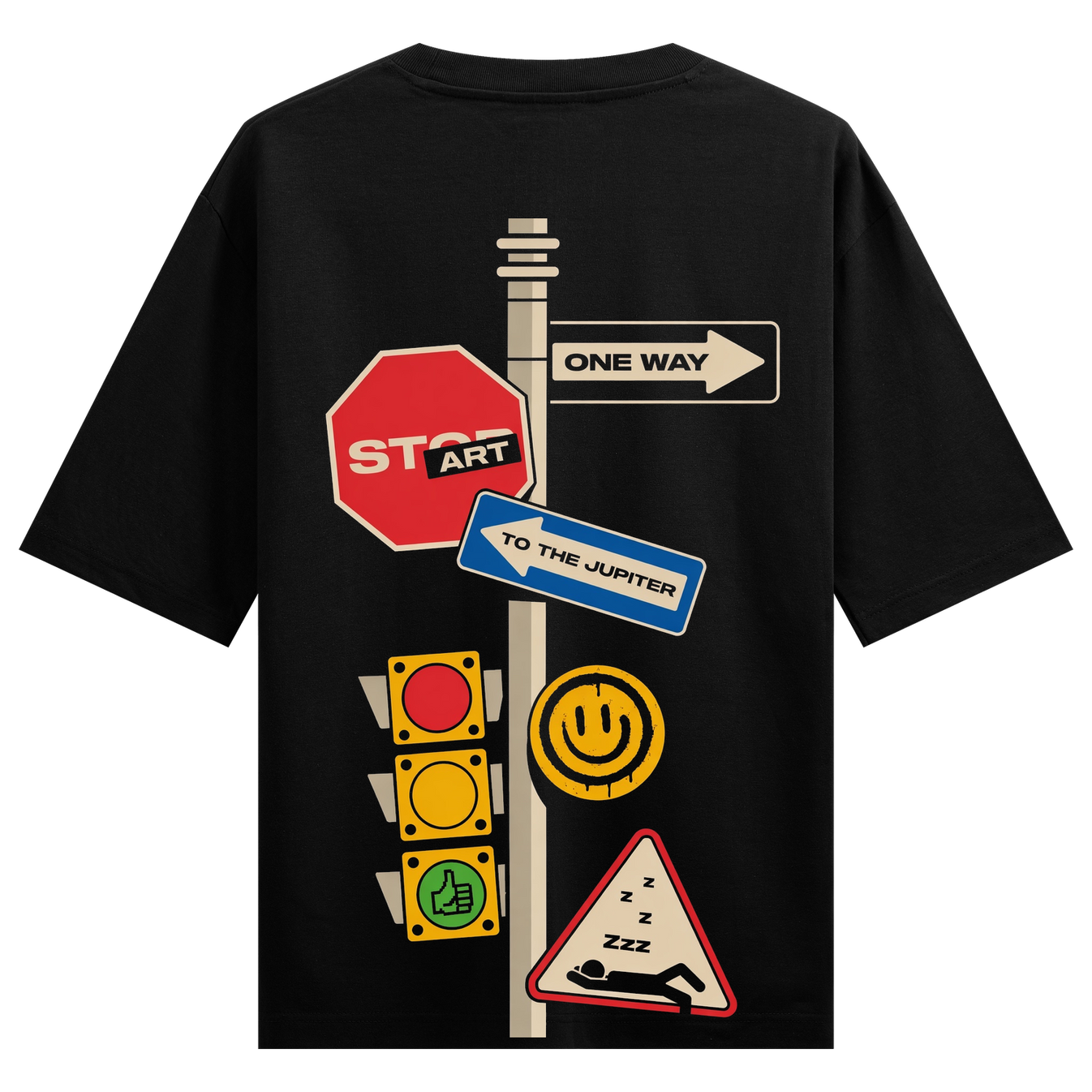 Direction & Flow Oversized T-Shirt by PRDGY — street signage mashup with start, traffic lights, and smiley icons, streetwear