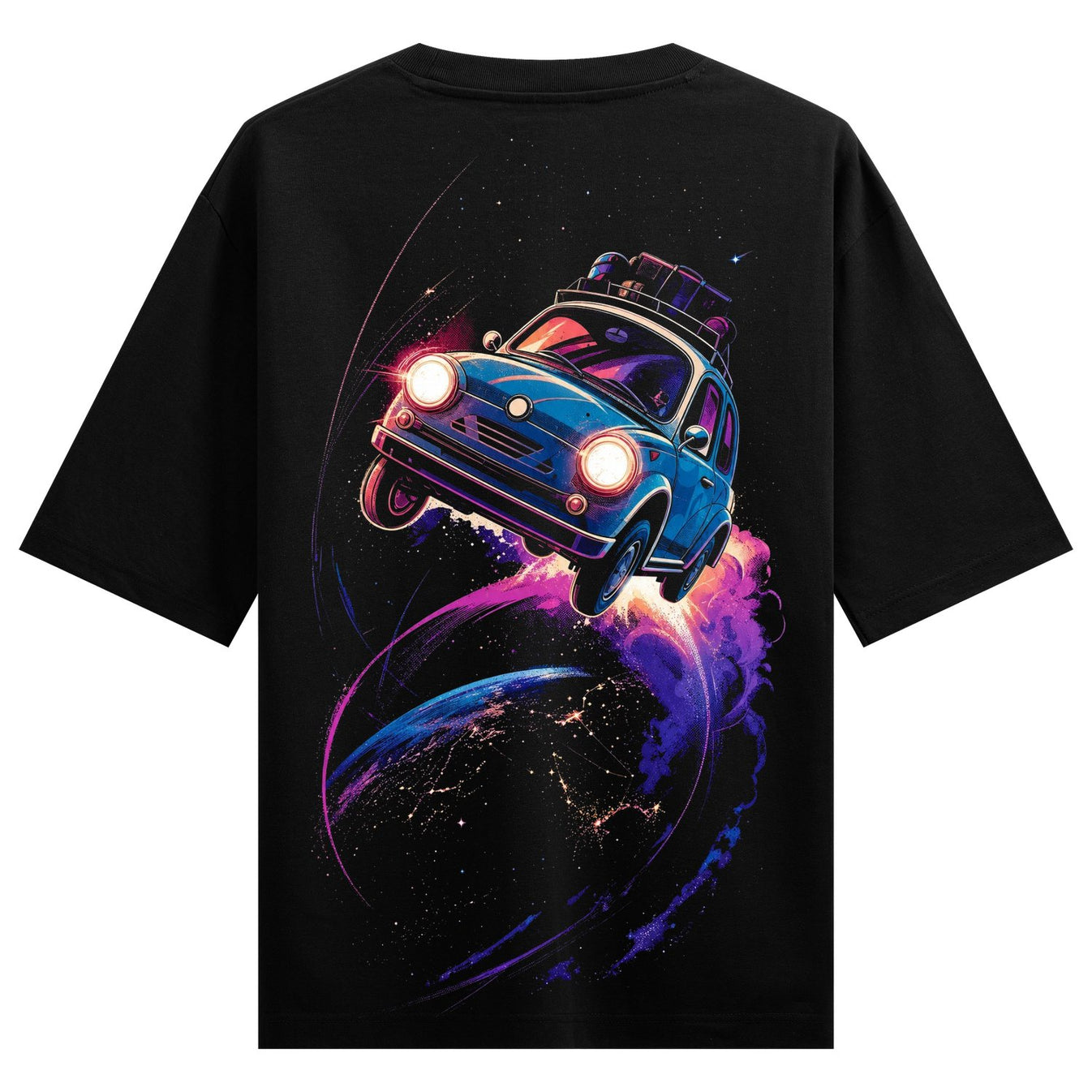 A blue vintage car with luggage on top flies through a black starry sky passing a glowing planet with a pink and purple ne...