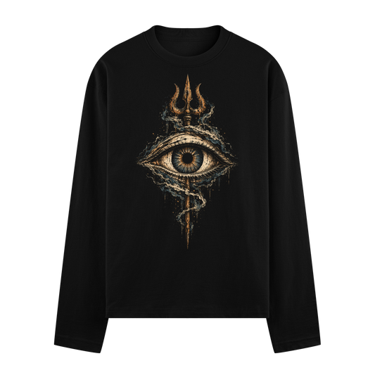 Third Eye Trinity Oversized Full Sleeve T-Shirt — a large third eye graphic with a trident above and a coiled snake