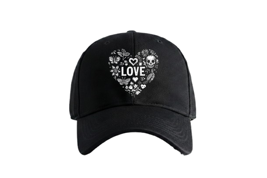 Floral Skull Love Cap by PRDGY — black and white skull with floral elements and a heart, edgy design