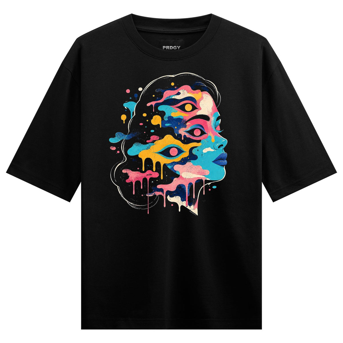 A black t-shirt features a colorful abstract portrait of a face with multiple eyes and dripping paint in shades of blue pi...