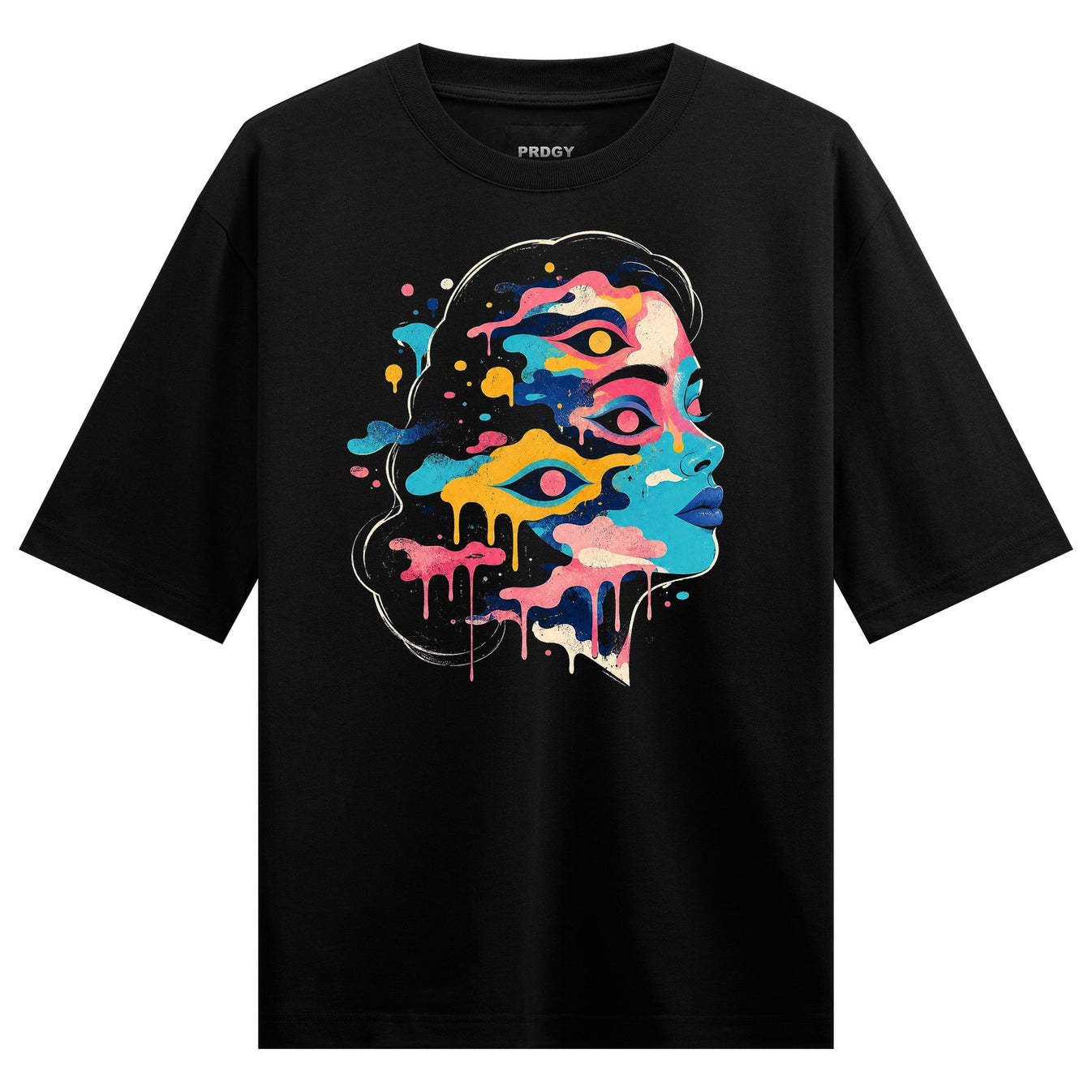 A black t-shirt features a vibrant abstract portrait of a face with multiple eyes and blue lips rendered in a splatter pai...