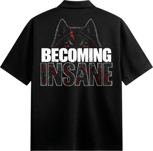 Wolf Madness Oversized Collared Shirt — Black wolf head with red glowing eyes and red blood streaks above distressed white