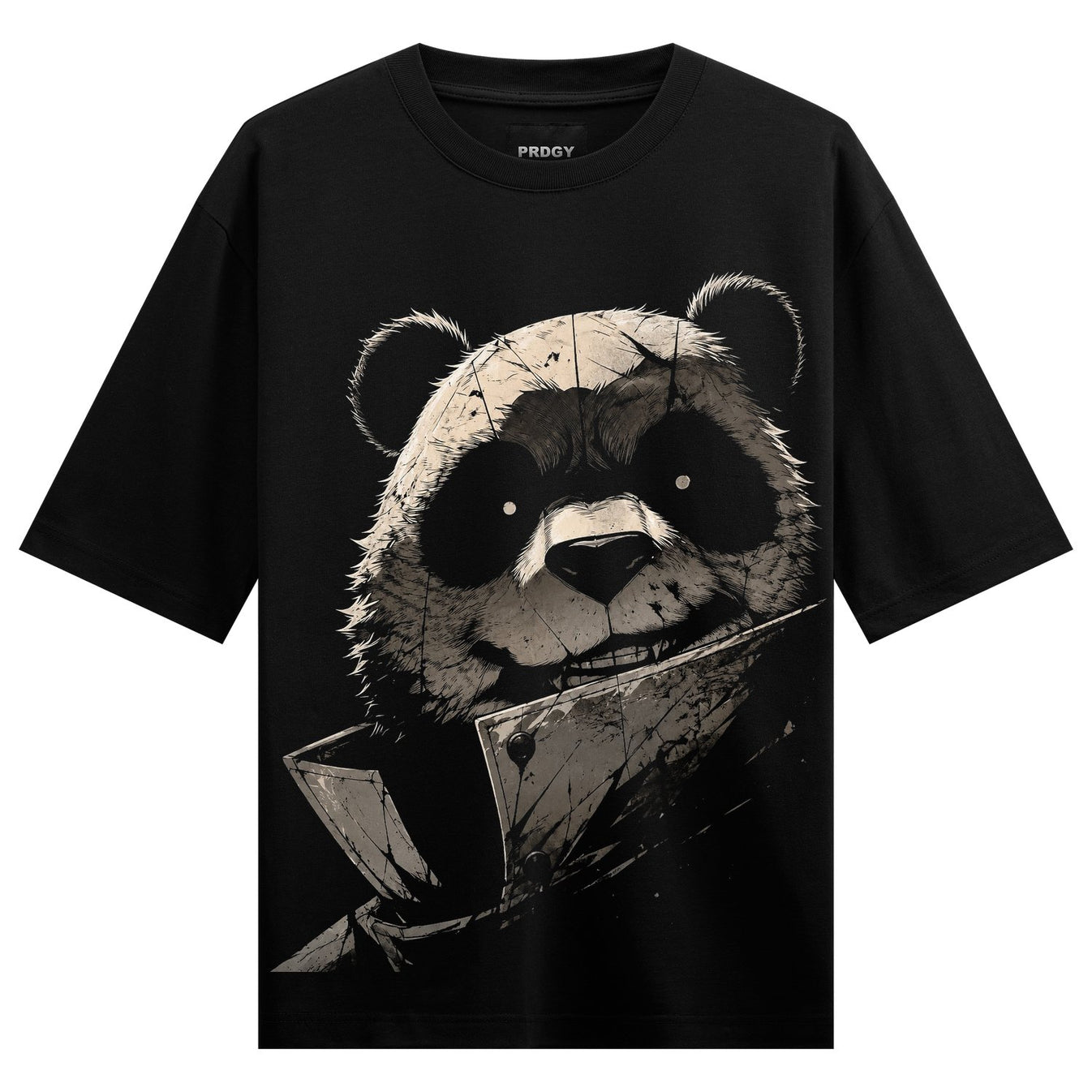 A monochrome graphic of a panda s face with a cracked texture sharp teeth and dark eyes wearing a trench coat collar on a...