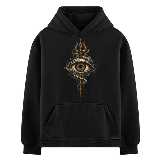Third Eye Trinity Oversized Hoodie — a large third eye graphic with a trident above and a coiled snake below, dripping gold