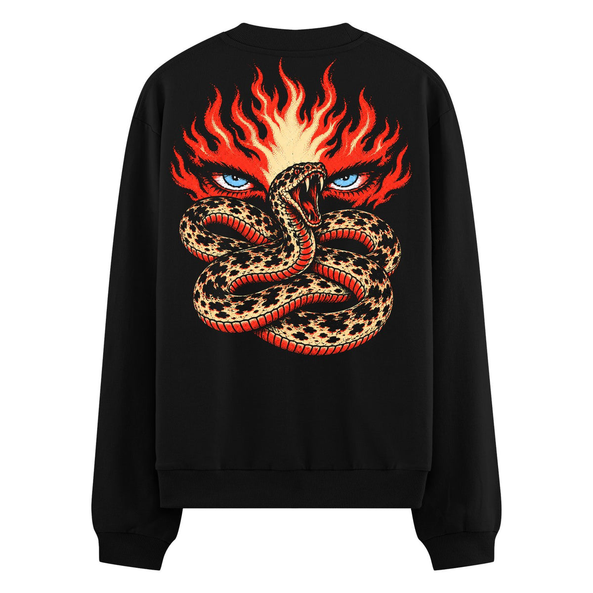 Flame Serpent Oversized Sweatshirt — a coiled spotted snake with blue eyes and red outlined scales, crowned by a red
