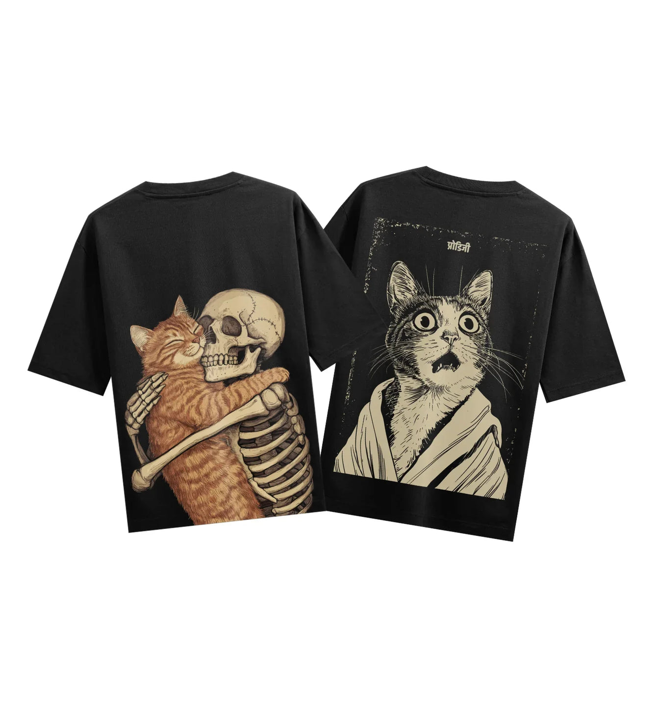 Cat Skeleton Friends artwork on PRDGY oversized t-shirt
