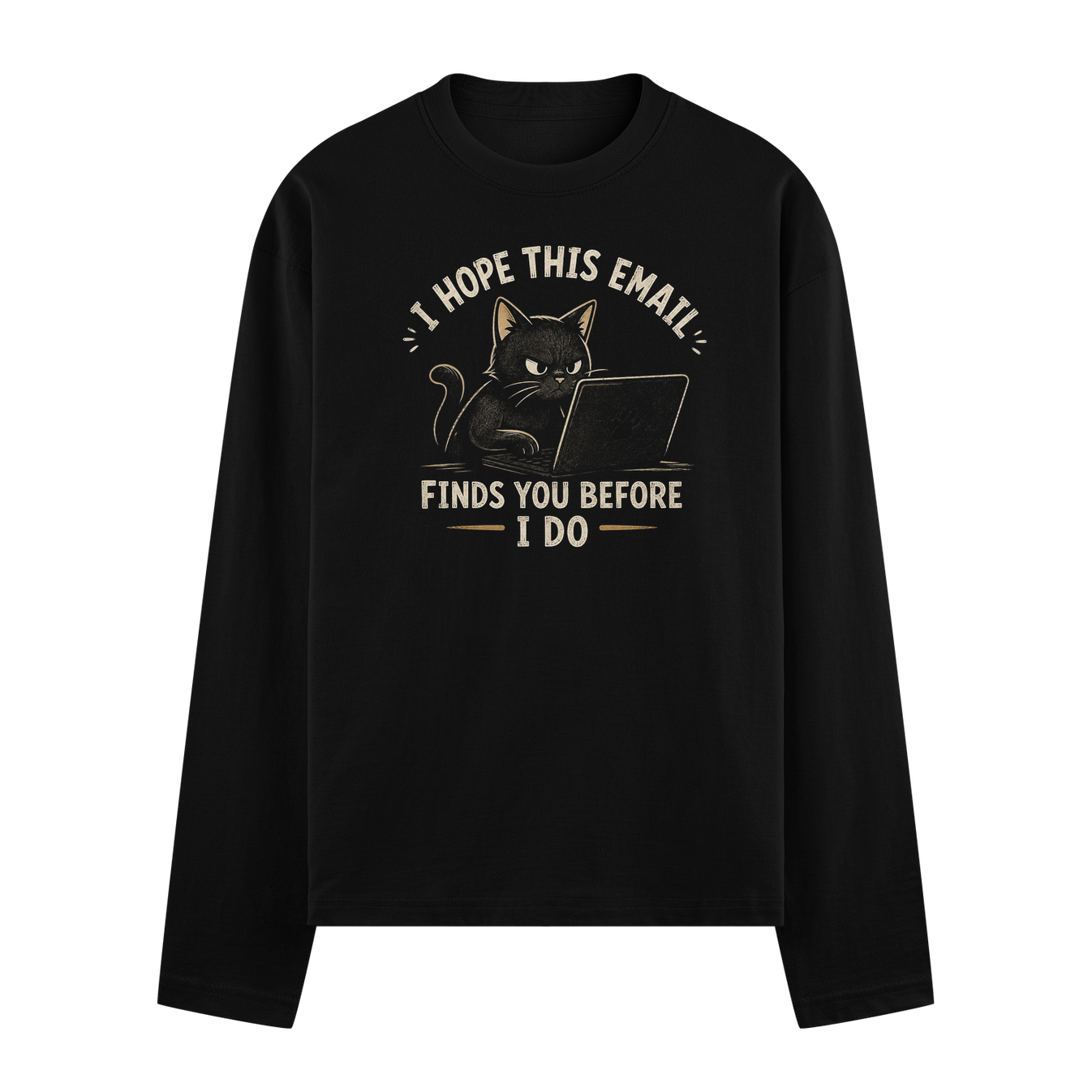 A black cat with an angry expression sits at a laptop with text above and below it on PRDGY oversized t-shirt