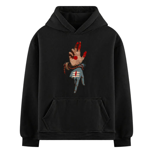 Nataraj Mudra Oversized Hoodie — a black hoodie features a graphic of two hands, one with red markings and a third eye
