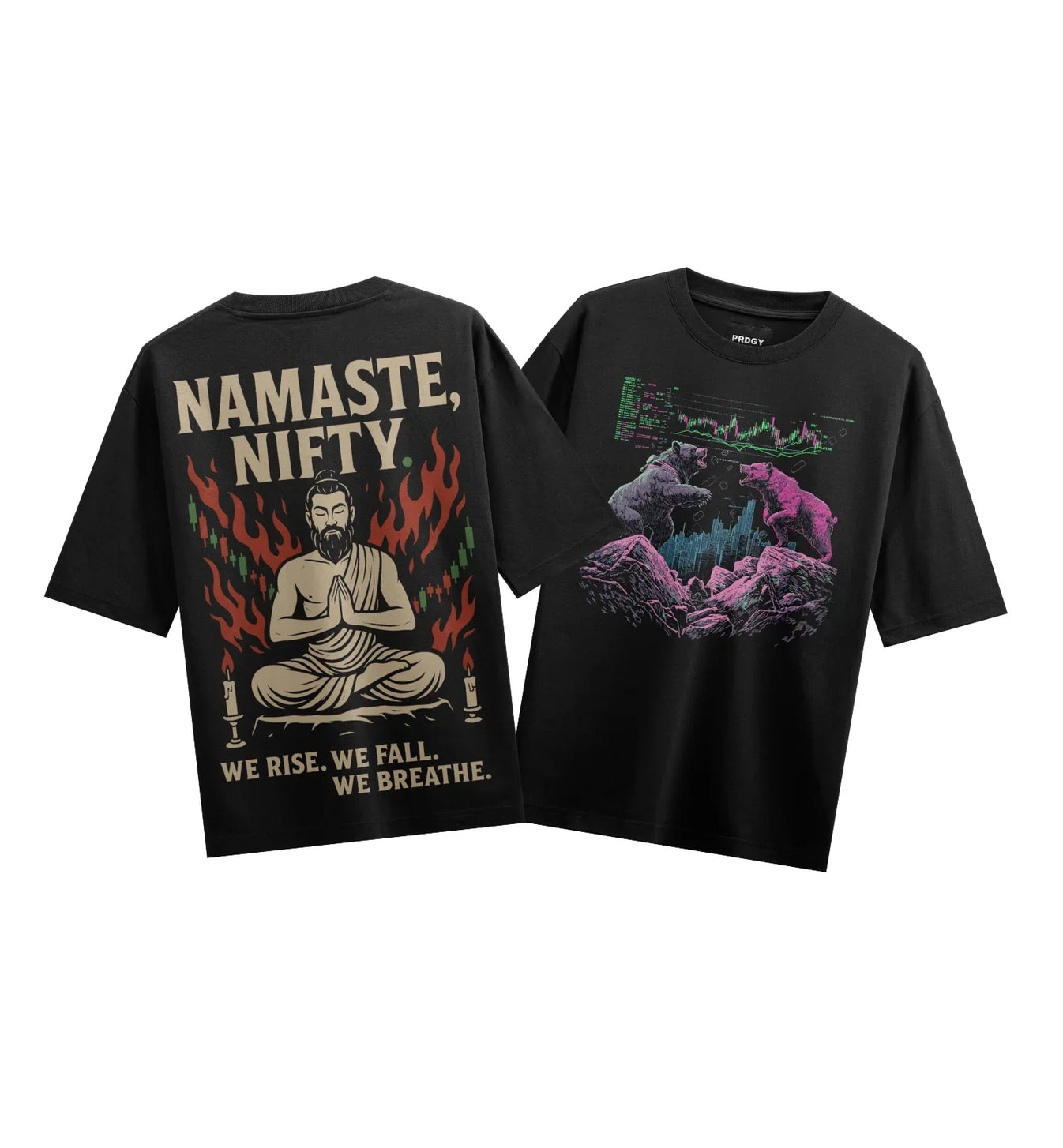 NAMASTE NIFTY WE RISE WE FALL WE BREATHE artwork on PRDGY oversized t-shirt