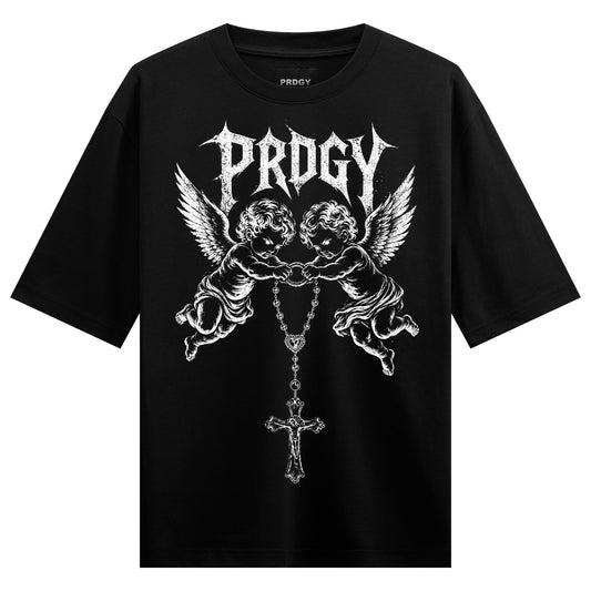 Angelic Connection Oversized T-Shirt by PRDGY — features two cherubs in bold art, streetwear design