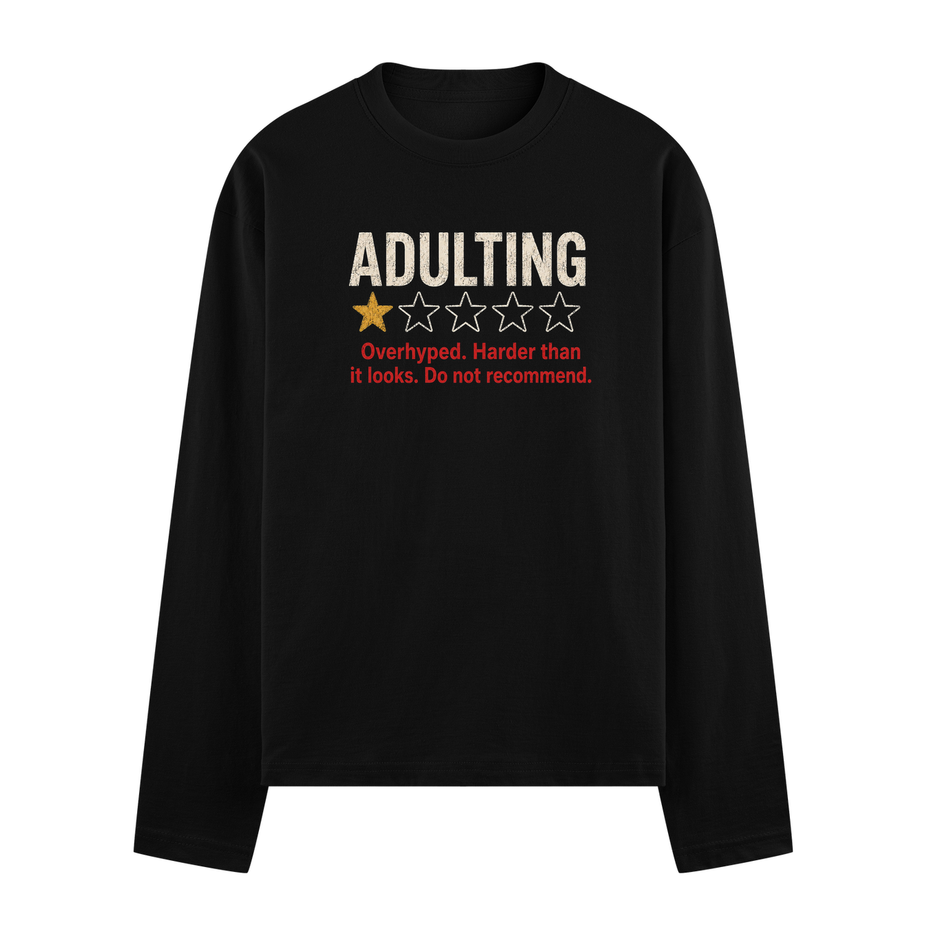 A black t-shirt with white text ADULTING above a one-star rating and red text below featuring a yellow star and outlined s...