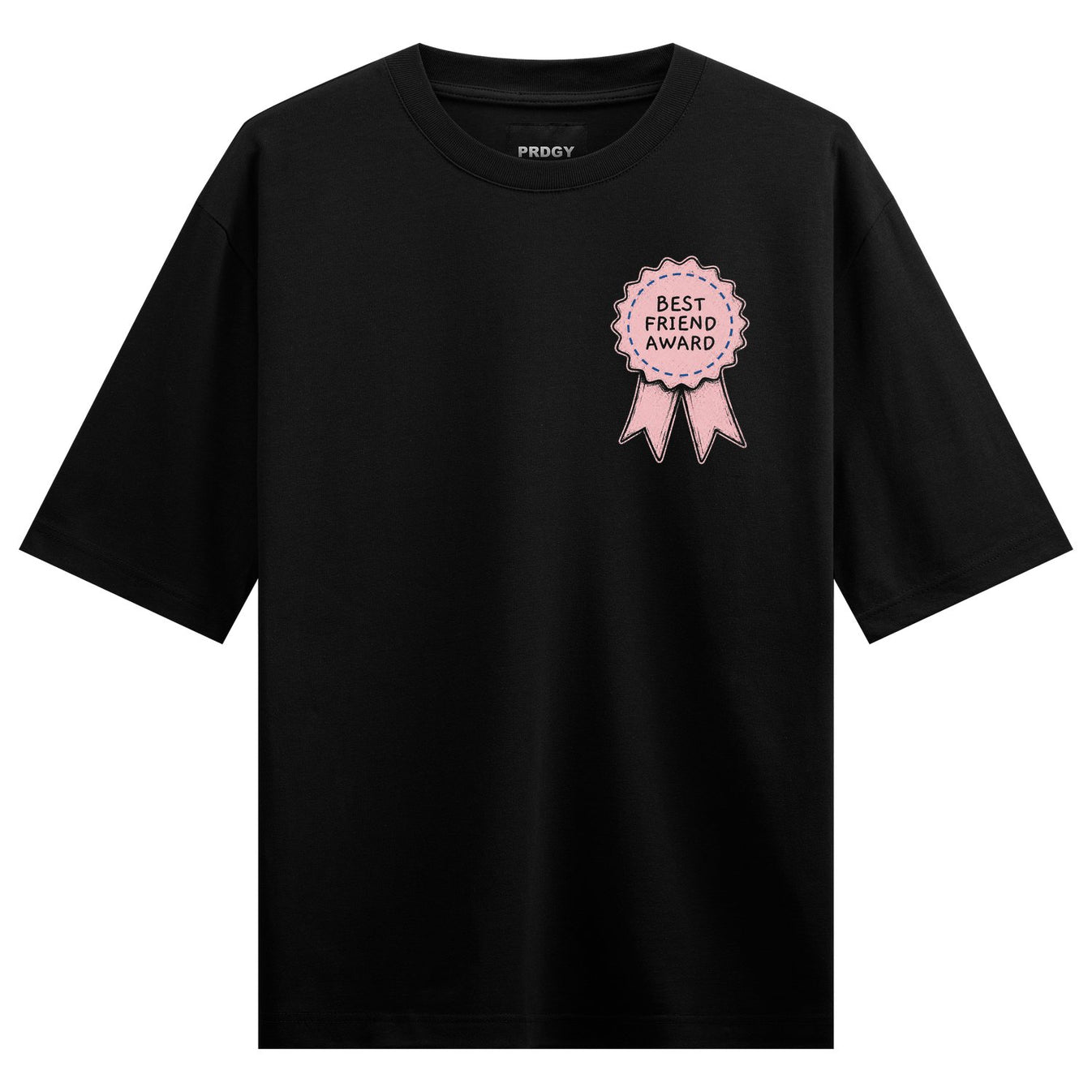 A pink award ribbon graphic with scalloped edges and text reading BEST FRIEND AWARD is printed on the left chest of a blac...