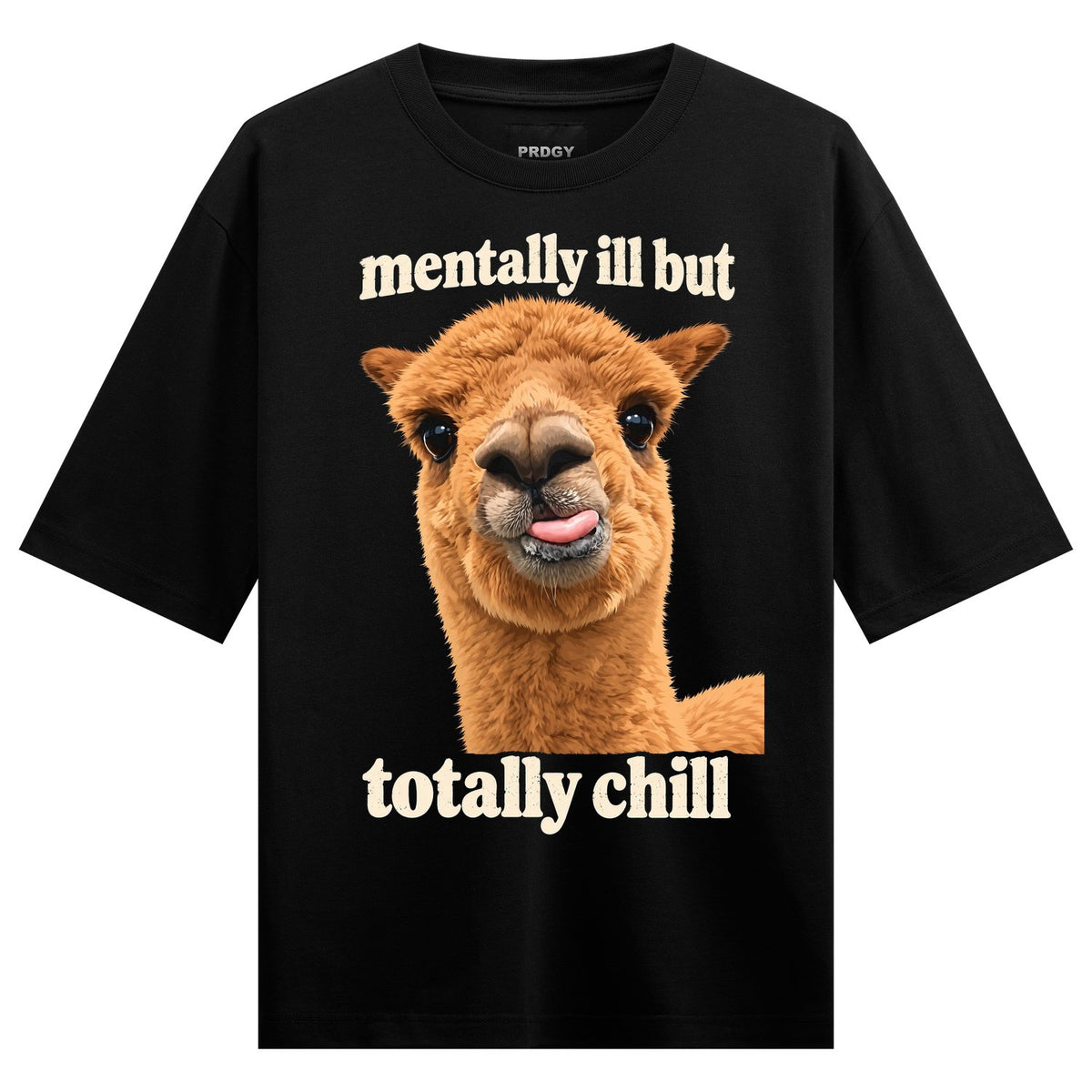 Alpaca Chill Oversized T-Shirt — a brown alpaca with tongue out and big eyes centered with white text above and below