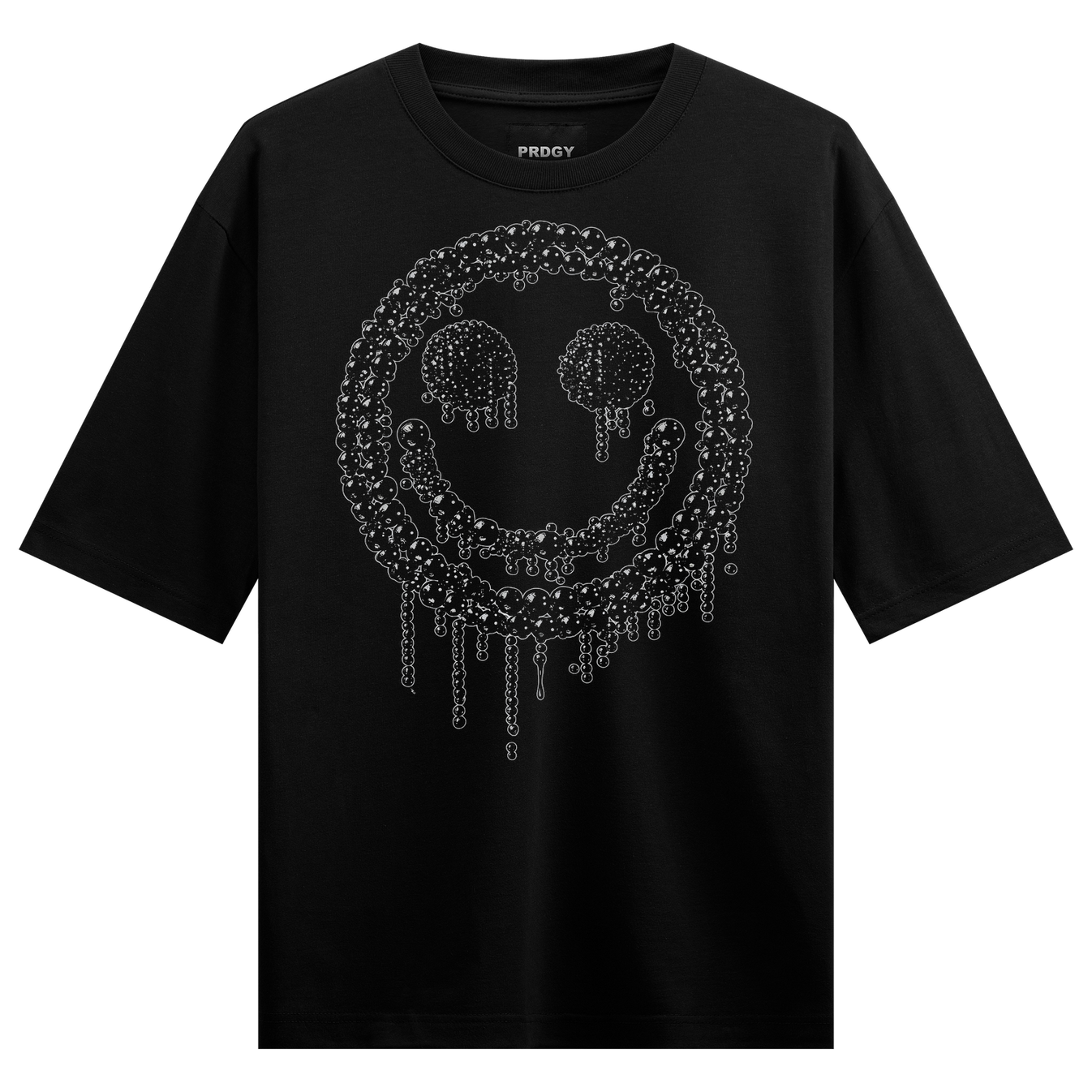 Drip Smile Oversized T-Shirt by PRDGY — melting smiley face made of pearls and chains, urban design
