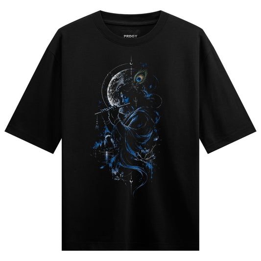 A dark blue and white illustration of Krishna playing a flute under a large moon with a peacock feather and lotus flowers...