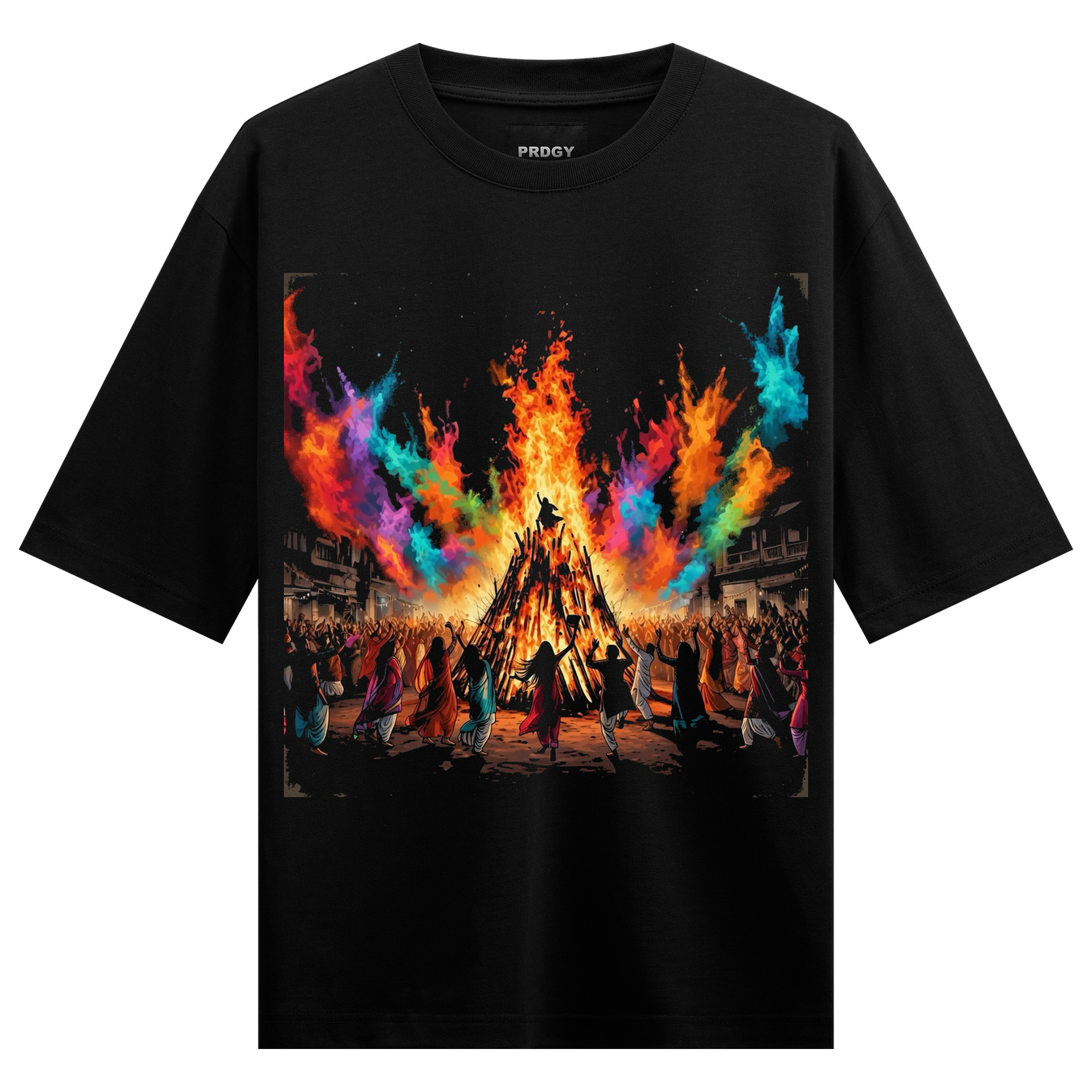 Holika Oversized T-Shirt by PRDGY — vibrant Holi celebration scene with bonfire and colorful powders, festival design