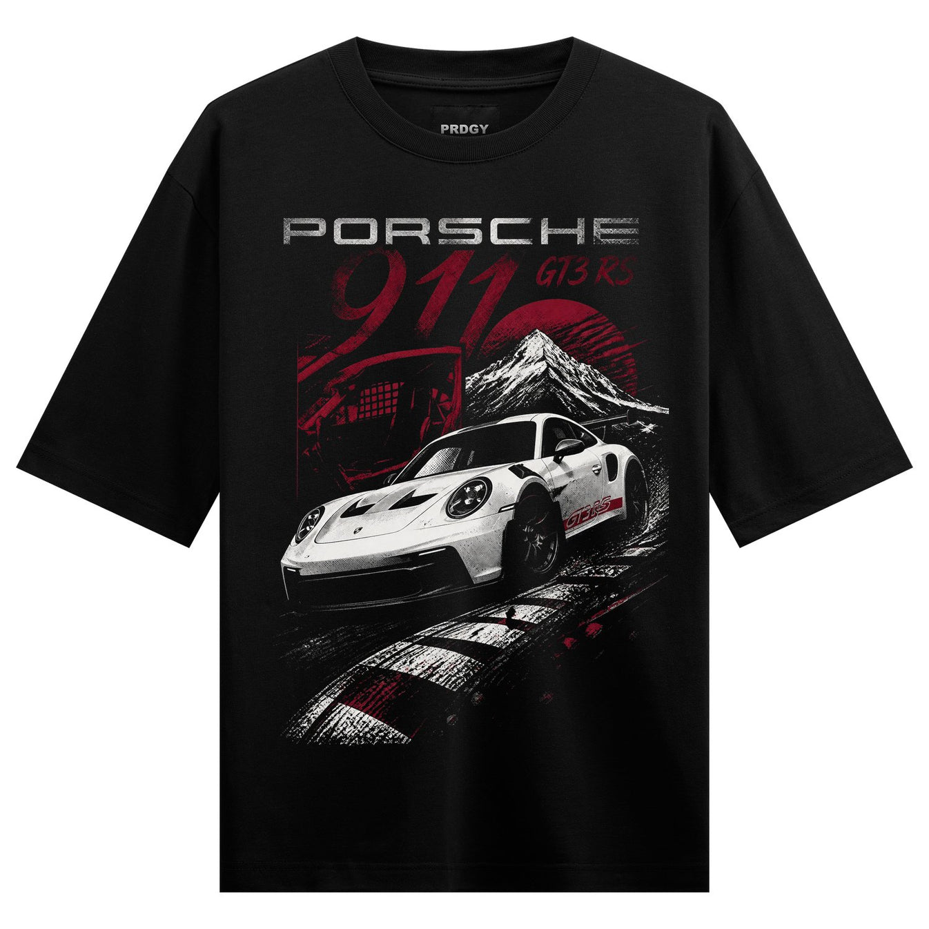 A black t-shirt features a white Porsche GT3 RS on a race track with red accents and a mountain backdrop on PRDGY oversize...
