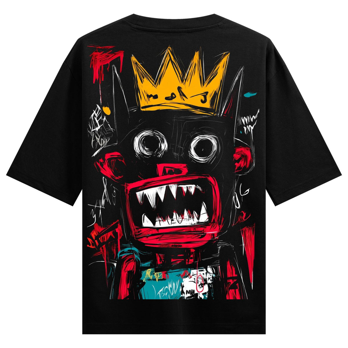 Crown Beast Oversized T-Shirt — a black t-shirt back print features a stylized black beast with a golden crown, wide white