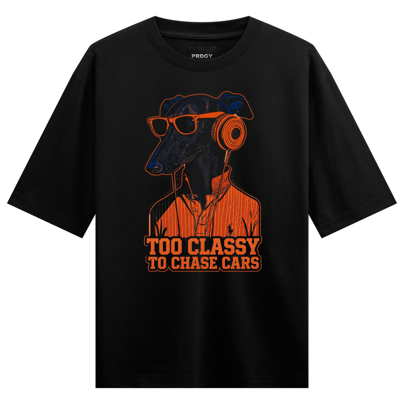 A black dog wearing orange sunglasses and headphones over an orange striped collared shirt with text below on PRDGY oversi...