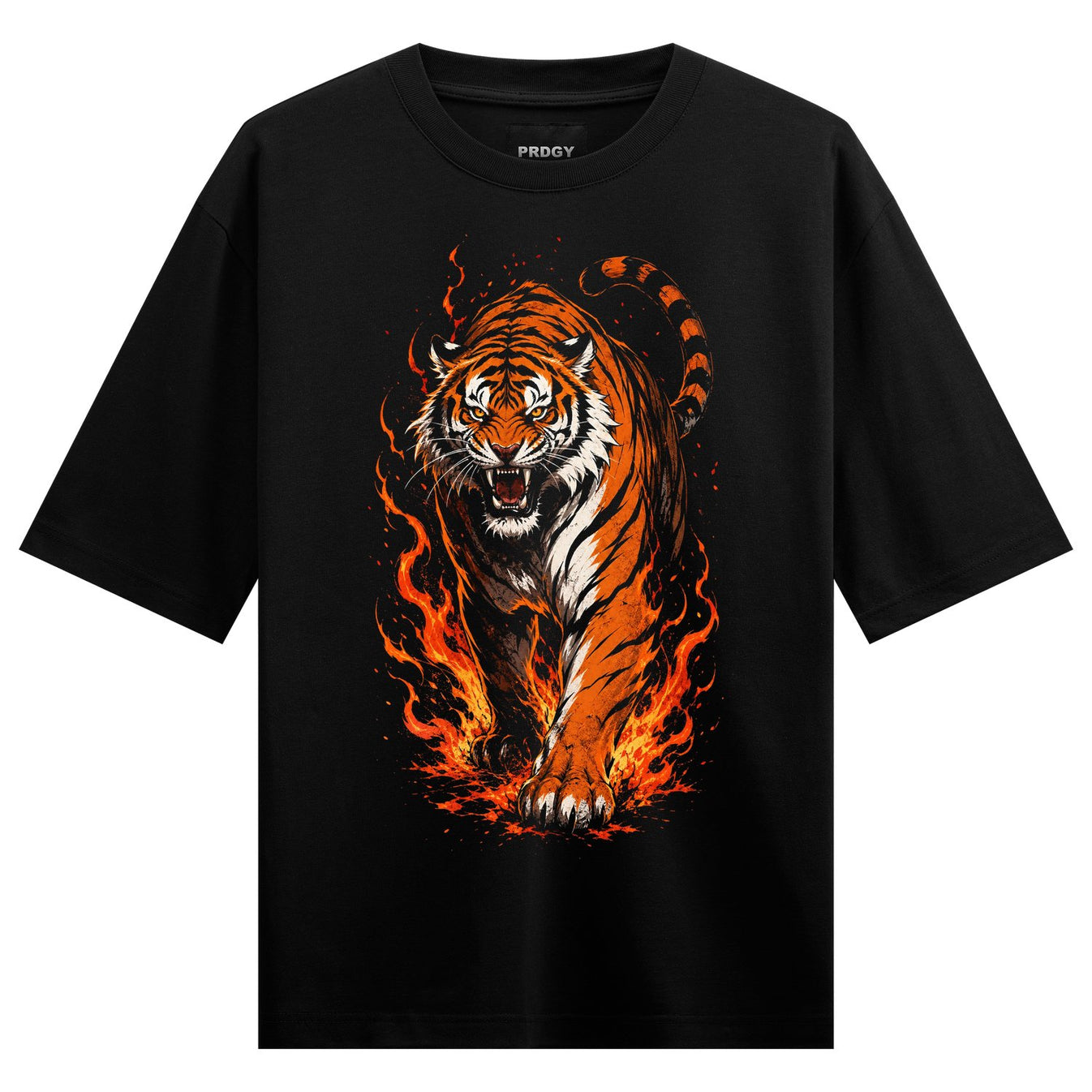 A powerful tiger with orange and black stripes stands amidst vibrant orange and red flames its mouth open in a roar on PRD...