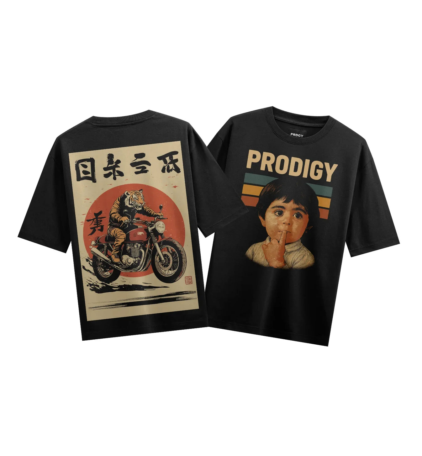 Tiger On Motorcycle artwork on PRDGY oversized t-shirt