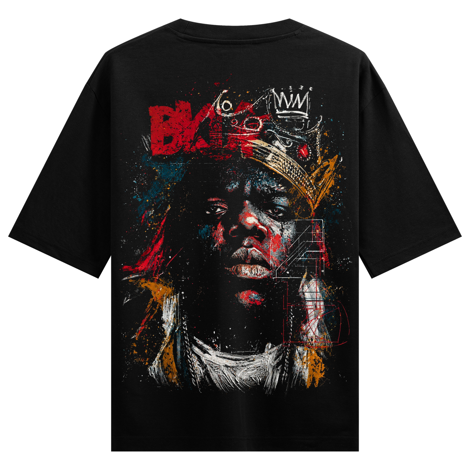 BIGGIEEE B T-Shirt by PRDGY — Abstract portrait of a crowned figure with vibrant paint splatters, hip hop design