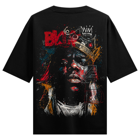 BIGGIEEE B T-Shirt by PRDGY — Abstract portrait of a crowned figure with vibrant paint splatters, hip hop design
