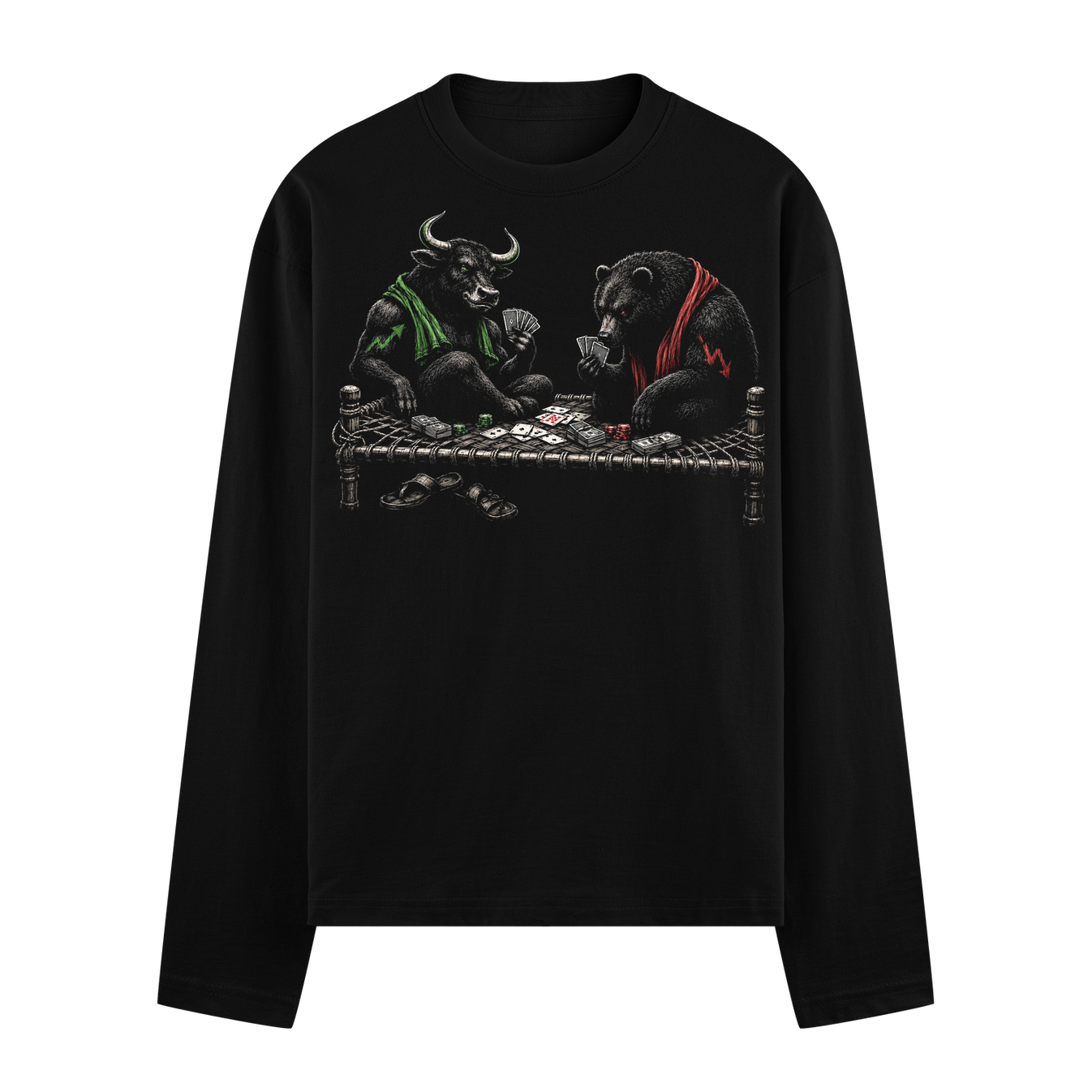 Bull Bear Poker Sweatshirt by PRDGY — a striking bull and bear graphic representing finance and gambling, animal design